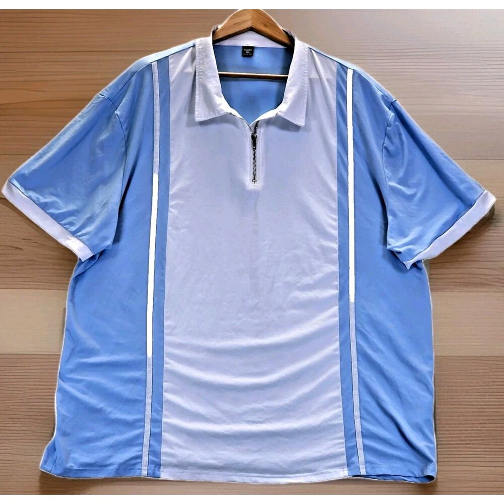 Manfinity Men's Polo Shirt Shein 5XL Blue White Stripe Zip Collar Short Sleeve